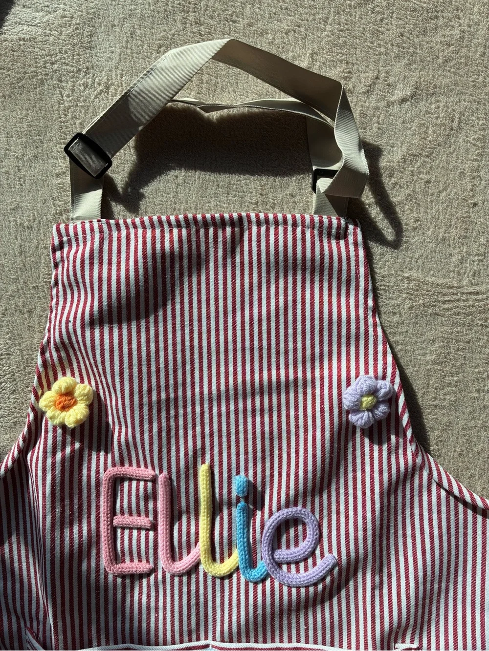 Striped Red Adult Apron with Floral Accents - Personalized Ellie